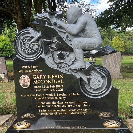 Granite Motorbike Memorial with gold lettering