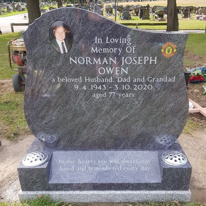 Bahama Blue granite memorial with splay base, colour photoplaque and painted football club badge