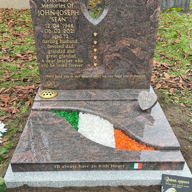 Irish flag in granite wavy grave surround complete with small heart