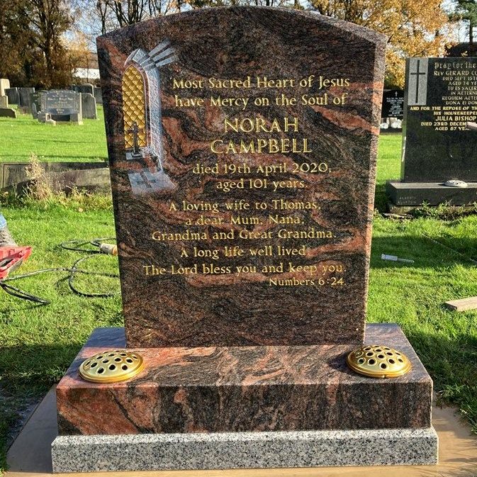 Himalayan Blue Granite memorial with carved and gilded Church window gilded letters